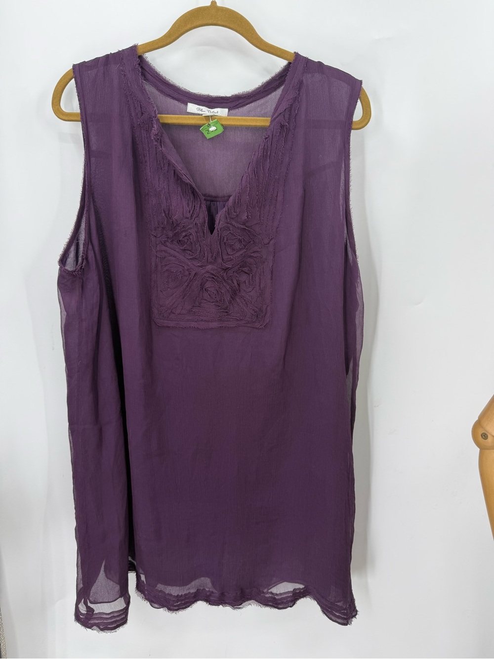 Blue velvet 100% silk Sleeveless Purple V-Neck Floral Appliqué Tunic Top 2X